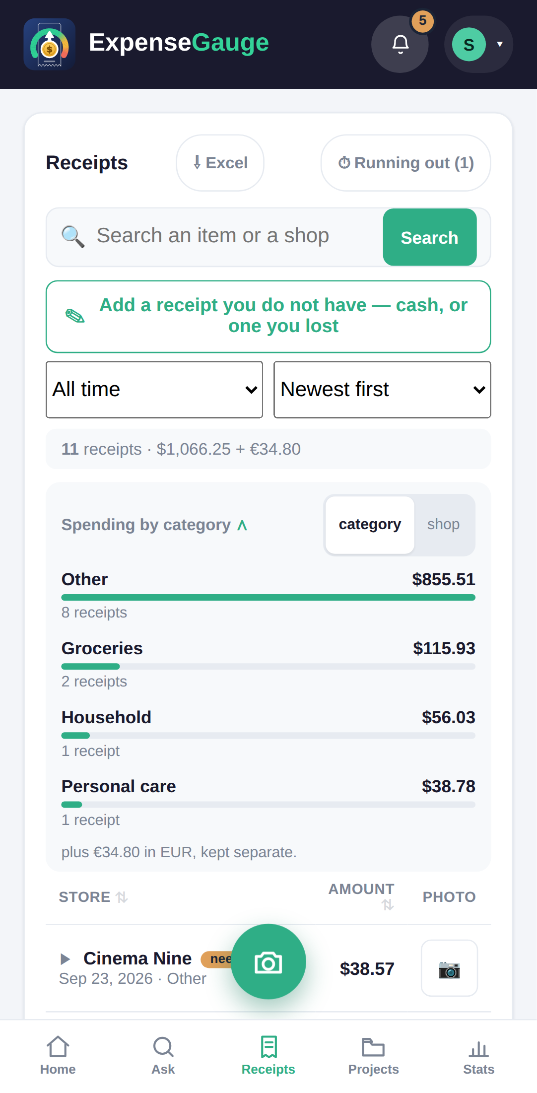 The receipts screen of ExpenseGauge on a phone. At the top, beside a button for an Excel download, a button reading Running out, with one item in it. Below the search box, a filter set to All time and Newest first, then a line reading 11 receipts, $1,066.25 plus &euro;34.80. A breakdown by category follows &mdash; Other $855.51 over 8 receipts, Groceries $115.93 over 2, Household $56.03, Personal care $38.78 &mdash; and under it a note that a further &euro;34.80 in euros is kept separate. The list of receipts begins below, newest first.
